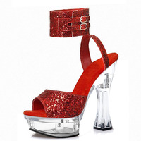 Chaussures de Modèle Sandales 14cm Bout Ouvert Plateforme de Danse sur Poteau Pantoufles Taille 46 Mode Danseuse Exotique Sexy Fétiche Paillettes Rose