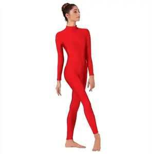 Factory Wholesale Coated Shiny Nylon Mock Neck Long Sleeve Gymnastics Unitards for Women