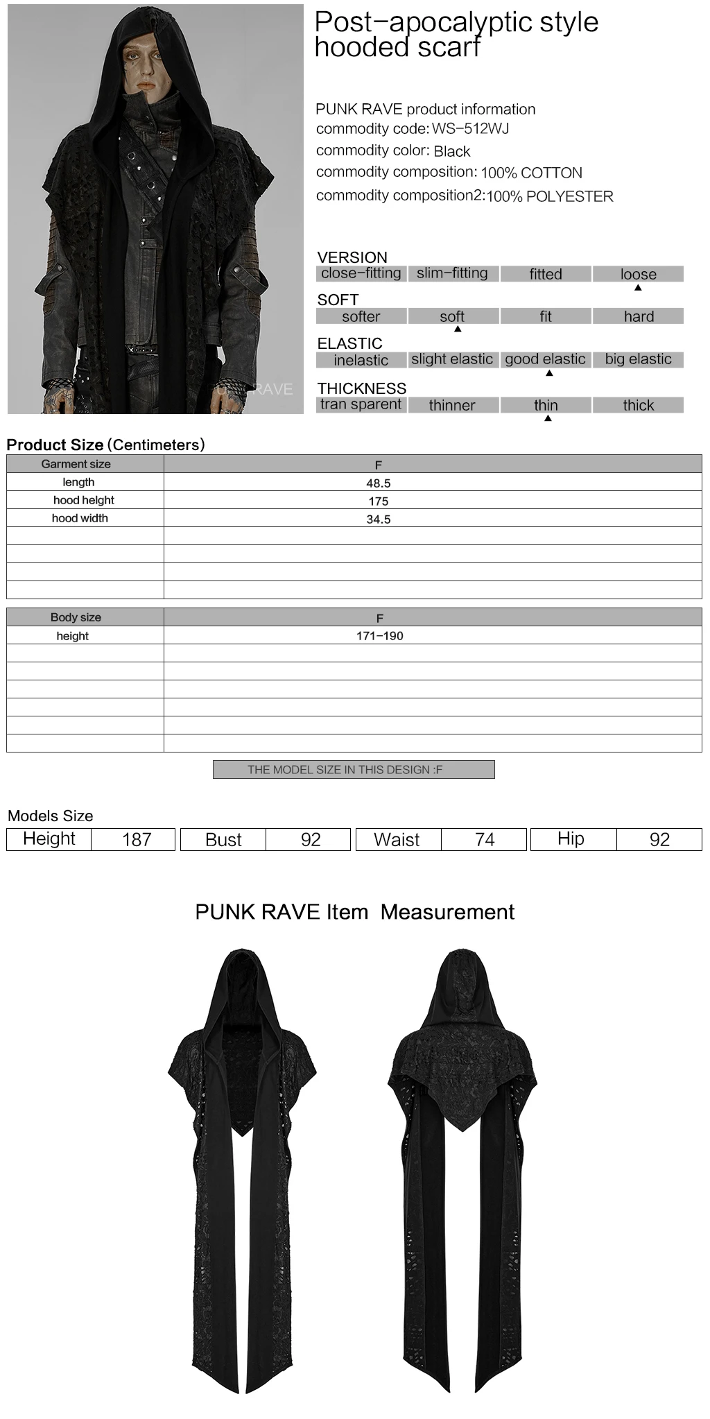 PUNK RAVE WS-512WJ 2022 New Wholesale Fashion Accessories Original Design Winter Knit Black Long Hooded Men Scarf