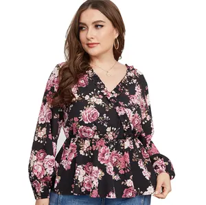 De cuello en V manga larga elástica cintura elegante Rosa flor impresa de camisa blusa