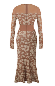 优雅复古棕色花卉镂空冬季紧身胸衣连衣裙女式长袖休闲派对风格中长度假舞会时尚 - Product Image 3