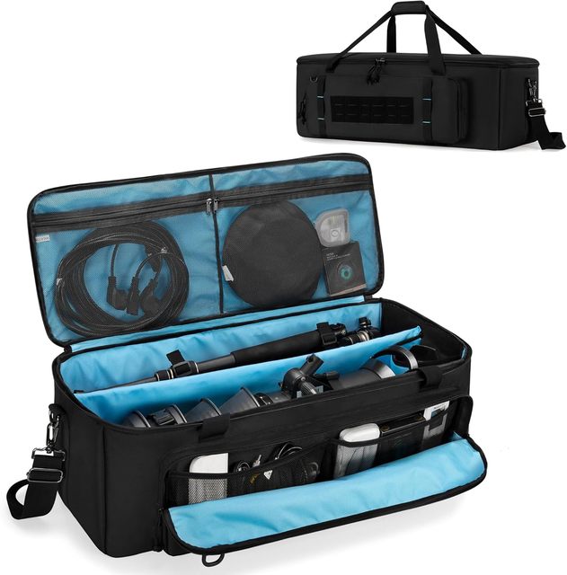 Photo Studio Equipment Case with Secure Buckles & Lens Storage Pocket, Large Photography Organizer for Light Stand, Monopod