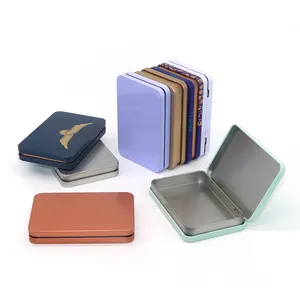wholesale small customized tin square rectangular cosmetic candy embossed metal packaging hinge tin box with lid