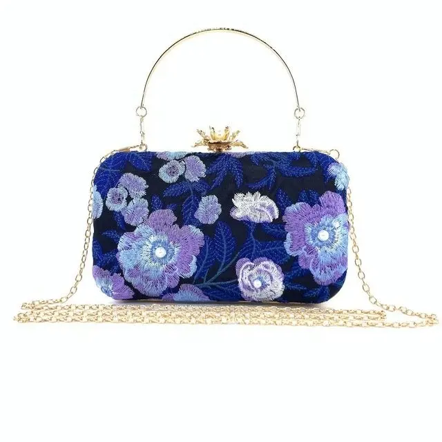 New Women Embroidery Flowers Evening Clutch Bags Diamond Banquet Shoulder Bags Wedding Dinner Wallets Purse 4 Colors