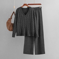 Nouvel ensemble deux pièces en laine pour femme, col en V, tricot torsadé, pull ample décontracté et pantalon large, idéal pour le quotidien – Collection Automne Hiver