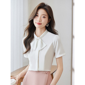 White Short Sleeve Shirt For Women Summer Bow Top Work Blouse Solid Color Polyester Fiber - Product Image 1
