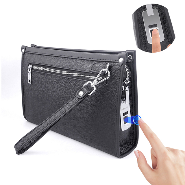 Fingerprint Lock Fashion Real Leather Bag Custom Handbag Men Smart Bag Lock Genuine Leather Smart Fingerprint System Clutch Bag