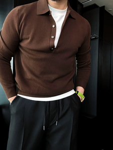 Camisa Polo de Malha Fina e Gola Alta para Homens, Manga Longa, Top de Suéter de Tecido Personalizado e Luxuoso, Ideal para Primavera e Outono - Product Image 4