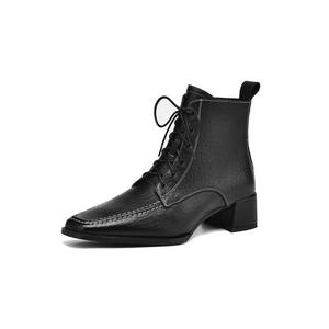 Chaussures classiques simples à la cheville, motif éléphant en peau de mouton, bout carré, lacets à l'avant, talon épais en cuir pleine fleur - Product Image 1