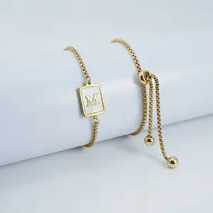 Fashion Jewelry 18k Gold Plated Stainless Steel Square Shape Seashell 26 Letter Adjustable Bracelets