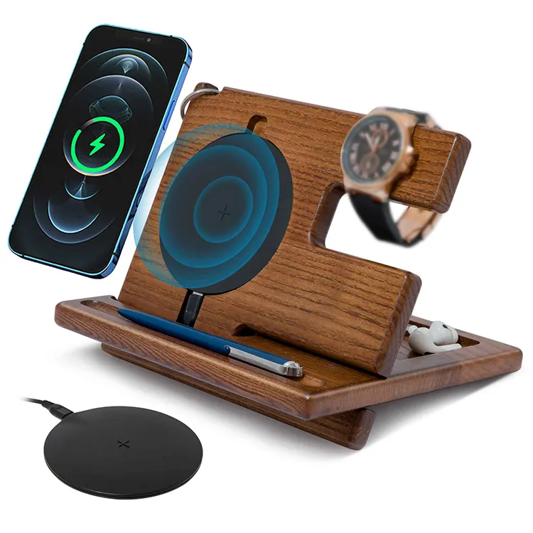 Universal Wallet Watch Desk Organizer Wooden Phone Wireless Docking Station With Key Holder