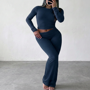Women's Solid Color Thermal <b>Flared</b> High Waist Full Length Seamless Stretch Knit <b>Leggings</b> Gym Casual Lounge Wear - Product Image 2