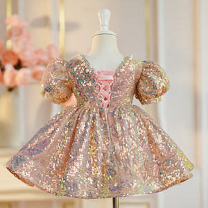 Abito da Principessa per Bambine 2025 Nuovo Vestito da Compleanno con Gonna Voluminosa in Poliestere, Silhouette a Linea A, Motivo con Paillettes, per Esibizioni di Pianoforte - Product Image 4