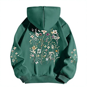 Botanical Solid Green Digital Printed 100% Cotton Fleece <b>Pullover</b> Hooded Sweatshirt with Long Sleeves and Casual Fashion Design - Product Image 1