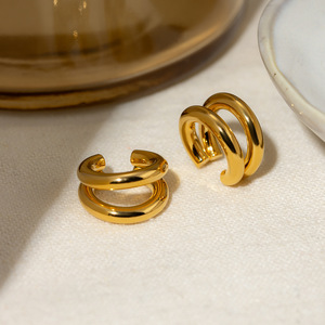 Double Layer Clip On <b>Earrings</b> 18k Gold Stainless Steel Geometric Fashion <b>Cuff</b> Jewelry - Product Image 4