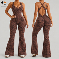 Combinaison de sport une pièce pour femme à motif léopard, jambe évasée, dos ouvert croisé, pour yoga, gym, entraînement et fitness