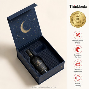 Caja de Regalo para Vino Azul Marino Personalizada Profesional con Luna y Estrellas Doradas, Tapa con Bisagras, Inserto Acanalado, Empaque Individual para Botella, Oferta Especial - Product Image 1