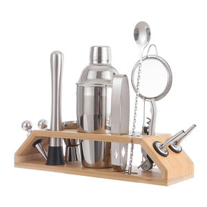 Ensembles de bar à la maison directe d'usine avec support en bois distributeur de <span class=keywords><strong>vodka</strong></span> 13 pièces outils de barre d'argent en acier inoxydable Jigger Cocktail Shakers - Product Image 5