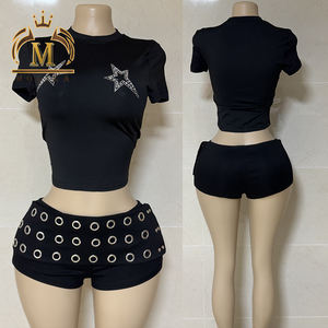 Trendy kadın etek seti kırpma gömlek üst ve delik şort eşleştirme 2 parça Set seksi Vintage iki parçalı Set seksi kadın giyim - Product Image 2