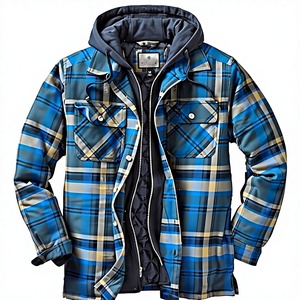 Heavyweight Brushed Cotton Plaid <b>Flannel</b> Shacket with Hood <b>Men</b> Fleece Lined Shirt <b>Jacket</b> Elbow Patch Low MOQ Supplier - Product Image 1