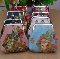 Dompet Mini Vintage kanvas bunga cetak pengait tas koin 3 inci wanita bunga mawar dompet kecil lucu anak-anak gesper bunga dompet koin