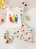 Ensemble de vêtements pour bébé fille de haute qualité à prix avantageux, imprimé baseball, 2 pièces, manches perlées, shorts, tenues pour enfants