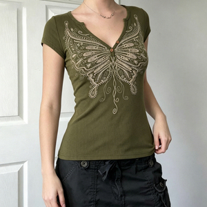Camiseta de Verano Vintage Y2K con Estampado de Mariposas, Bloques de Color, Tejido Elástico, Manga Corta, Ecológica, para Mujer, Estilo Urbano - Product Image 3