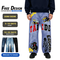 Jean baggy sur mesure TaiDe en denim épais avec appliqué graphique brodé, coupe large, style streetwear pour homme, fabriqué en usine