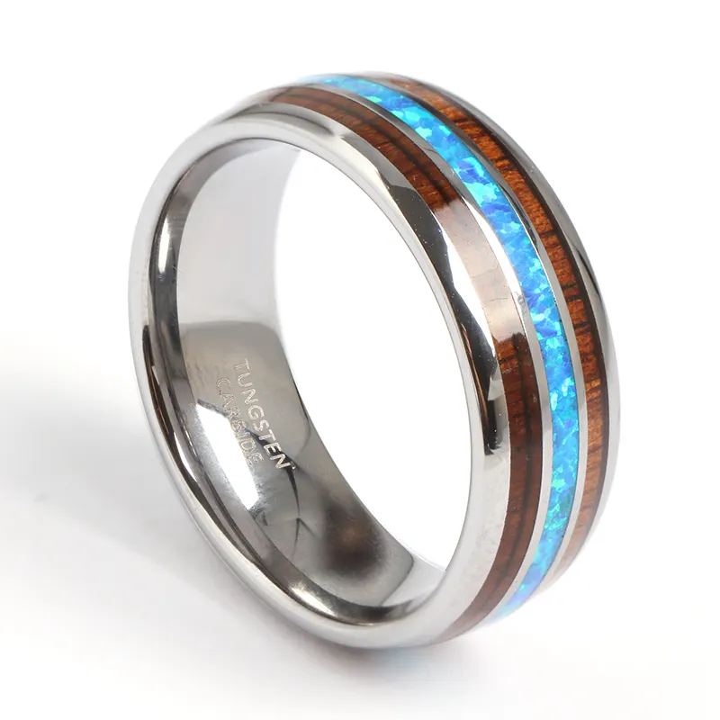 TIZTI Gun cincin Tungsten karbida, kayu Koa Hawaii dengan tatahan Opal biru 8mm cincin Tungsten