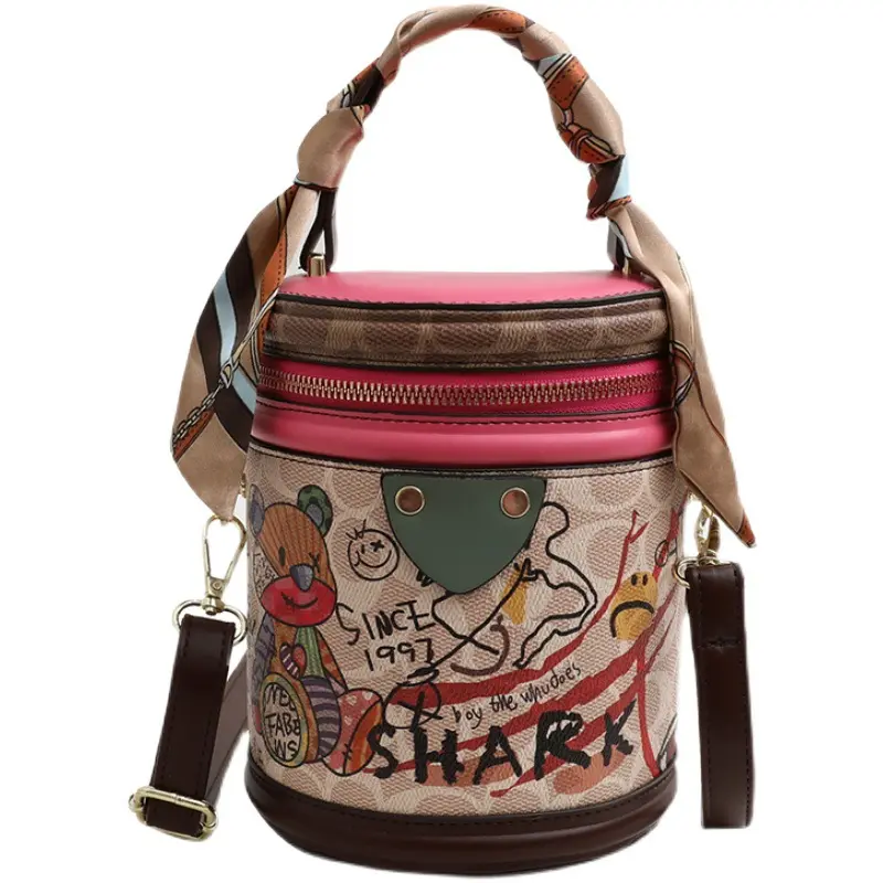 Hot sell pink Little bear pu leather personality graffiti handbag bucket bag and purse with scarves