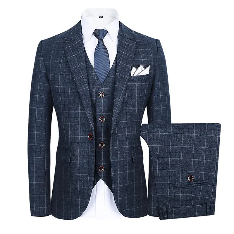 2021 Men Plaid Suits 3 Pieces Blazer Vest Pants Set Single Breasted Formal Wedding Business Men's Suits for Men