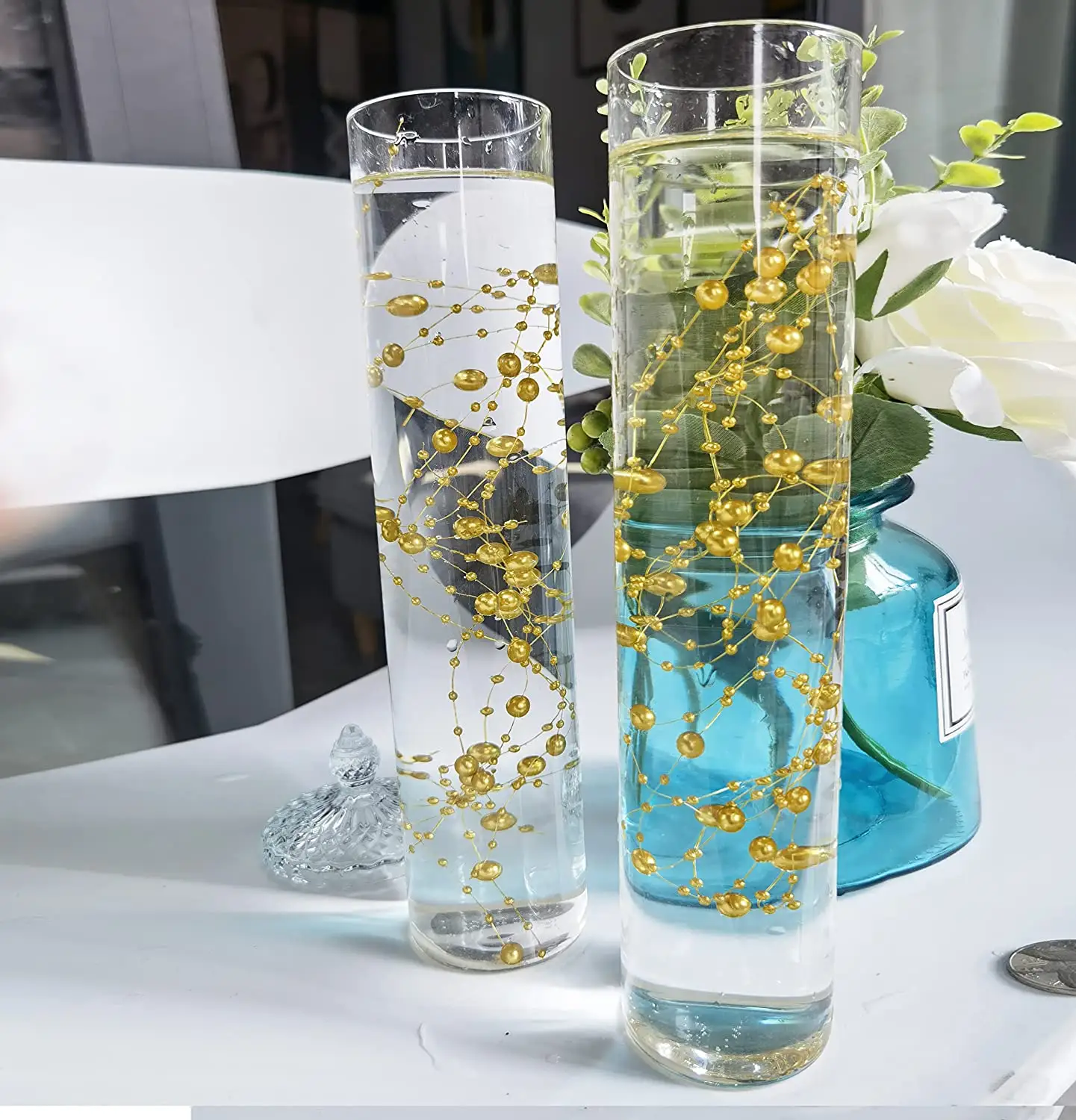 Guirlande de perles artificielles de 5m pour vase à bougies flottantes, fausses perles dorées, remplissage de Vase pour Table de mariage, centres de Table, décoration de fête