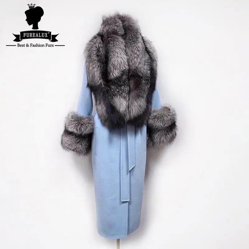 Mùa Thu Mùa Đông Của Phụ Nữ Áo Khoác Cashmere Len Với Vành Đai Sang Trọng Bạc Fox Cổ Áo Lông Thú Và Còng Cô Gái Thời Trang Áo Ấm