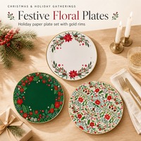 Ensemble de 3 assiettes en papier florales de Noël, bord doré, assiettes rondes jetables pour les réunions de famille