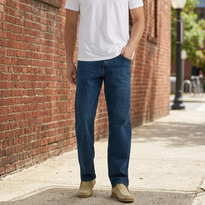 Jean en denim bleu foncé vintage pour homme, coupe droite, taille mi-haute, respirant, en coton, idéal printemps-été-automne - Product Image 3