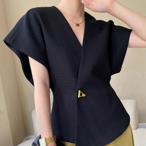 Blusa de Cuello en V para Mujer, Color Sólido, Manga Corta, Cierre de Botones, Estilo Casual para Oficina, Regalos IStapromo - Product Image 6