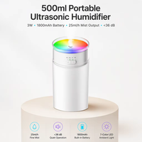 Humidificateur ultrasonique 500 ml, mini humidificateur portable pour voiture, batterie USB 1800 mAh, lumière LED colorée, diffuseur d'air pour la maison et le bureau