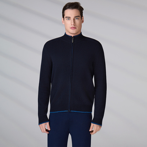 Pull en laine de luxe chaud avec poignets contrastants, cardigan zippé à manches longues de créateur, veste tricotée sur mesure pour homme - Product Image 1