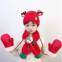 Conjunto de 3 piezas personalizado al por mayor, gorro tejido largo de algodón, gorro, bufanda Jacquard con estampado, guantes para niños y bebés, invierno cálido, Navidad