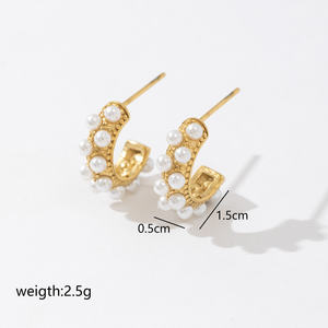 Pendientes de moda 2025 de acero inoxidable PVD 18K oro grueso redondo abierto brazalete Stud perla fresca medio círculo aro señoras CC pendientes - Product Image 2