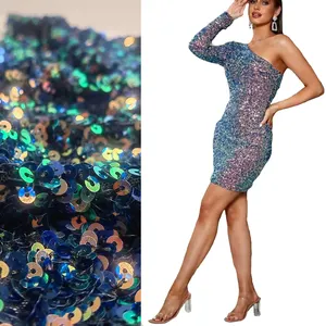 Màu xanh 3mm Holographic sequin bọt thêu sequin vải trên Poly Spandex lưới