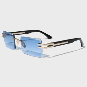 Yeetian แว่นตากันแดดกรอบไร้ขอบสีฟ้าตัดเพชรสำหรับผู้ชายแว่นกันแดดไร้กรอบแบรนด์หรูตามสั่ง