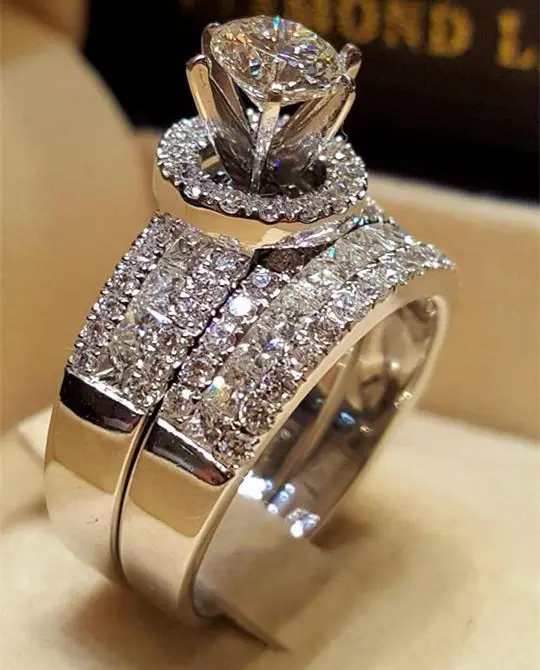 Luxury Jewelry Sliver Couple Rings White Topaz CZ Diamond Gemstones Women Engagement Wedding Bridal Rings (KR101)