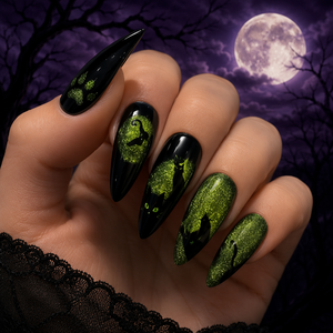Faux ongles à presser Halloween Amande Vert Noir Couverture Complète Paillettes Motif Patte de Chat Pré-conçus pour Femmes - Product Image 6