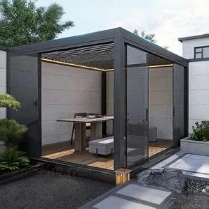 Estructura de aluminio marrón para exteriores con persianas, iluminación LED, cortinas de privacidad, diseño moderno, impermeable, resistente al viento, para jardín, patio, patio trasero - Product Image 1