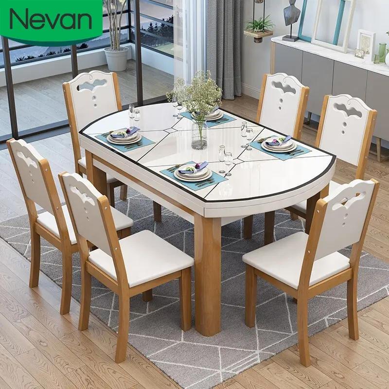 Goedkope Sets Grote Uitbreidbaar Ronde Lunch Wit 6 Seater Hout Moderne Eettafel Voor Verkoop