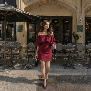 Vestido Mini Sin Mangas con Hombros Descubiertos en Lino y Algodón Color Borgoña |   Conjunto de Ropa Informal de Diseño Moderno y Sencillo para Mujer, para Fiestas en Todas las Estaciones - Product Image 1