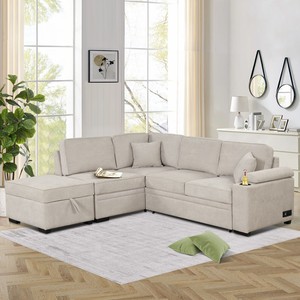 Three Seat Fabric <b>Sofa</b> <b>Bed</b> Pull-Out Function 2-in-1 L-Shape Couch Storage Ottoman for Living Room Bedroom Hotel Small Apartments - Product Image 1