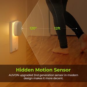 AUVON - Juego de 4 luces nocturnas LED enchufables, luz blanca cálida de 1600K, sensor de movimiento ámbar, del anochecer al amanecer, diseño retroiluminado regulable - Product Image 4