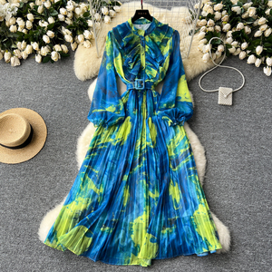 LE2639 Vestido MIDI con estampado de aceite Vestido elegante vintage francés para mujer Vestidos de gasa con estampado de cintura de manga larga empalmados para mujer - Product Image 3